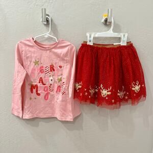 NWT George Christmas Reindeer Pink Shirt & Red Tulle Sequins Skirt Outfit